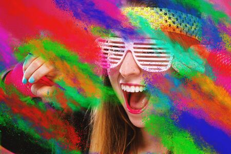 Woman in 1980s fashion theme with party splashesの写真素材