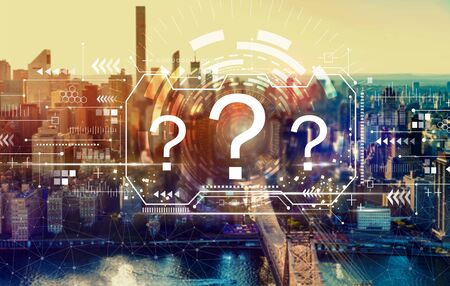 Question marks with the New York City skyline near midtownの写真素材