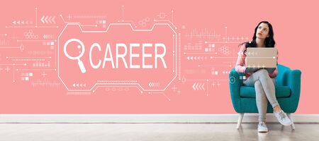 Searching career theme with young woman using a laptop computerの写真素材