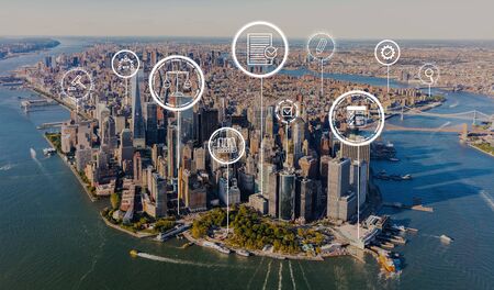 Compliance theme with aerial view of Manhattan, NY skylineの写真素材