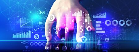 Cryptocurrency theme with hand pressing tablet computer screen