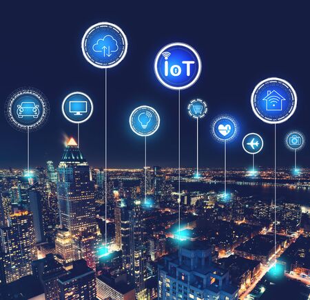 IoT theme with aerial view of Manhattan, NY skylineの写真素材