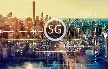 5G network with the New York City skyline near midtown