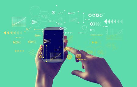 Technology arrow screen with person holding a white smartphone