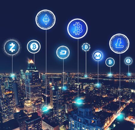 Cryptocurrency theme with aerial view of Manhattan, NY skylineの写真素材