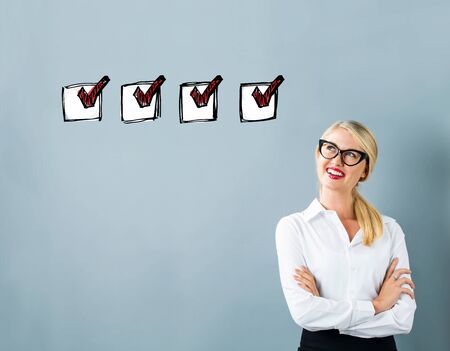 Checklist with young woman in a thoughtful face