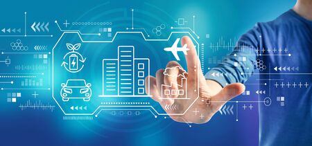 Smart city concept with a man on a blue backgroundの写真素材