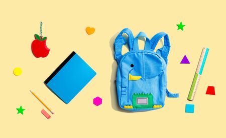 School stationery supplies - overhead view flat layの写真素材