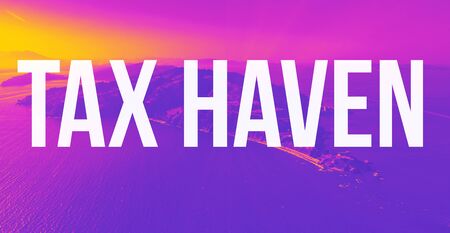 Tax Haven theme with tropical island  view with modern synth wave style gradient