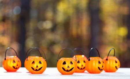 Halloween pumpkin decorations on an autumn forest background