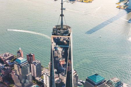 NEW YORK - JULY 02 2016: Aerial view of the Freedom Tower at One World Trade Center, Manhattan, New Yorkのeditorial素材