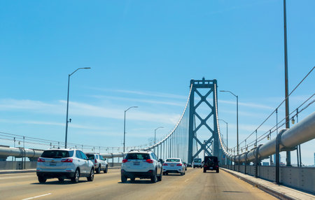 SAN FRANCISCO- MAY 1st 2019: Traffic passes over the Bay Bridge in San Francisco, CA