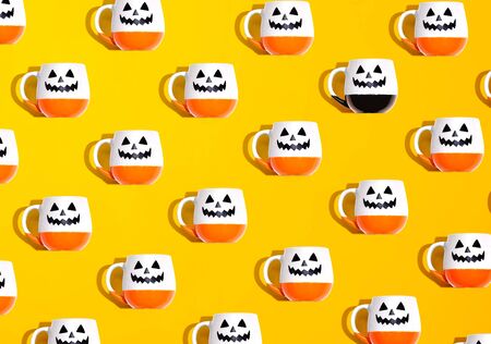 Collection of Halloween mugs overhead view flat layの写真素材
