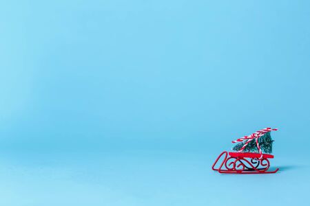 Toy slide carrying a Christmas tree on a blue backgroundの写真素材