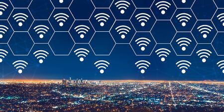 Wifi theme with downtown Los Angeles at nightの写真素材