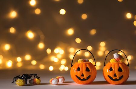 Halloween pumpkins with spider on a shiny light backgroundの写真素材