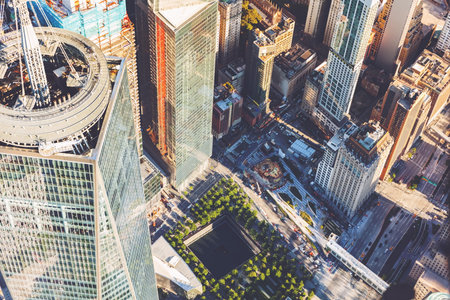 NEW YORK - JULY 02 2016: Aerial view of the Freedom Tower at One World Trade Center, Manhattan, New Yorkのeditorial素材