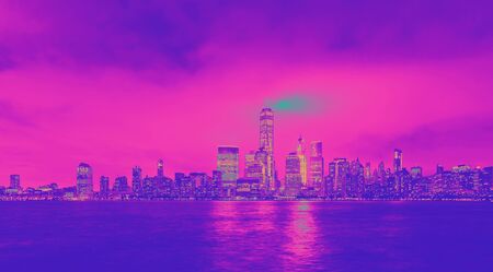 Lower Manhattan skyline and the Hudson river as seen from Jersey City funky gradientの写真素材