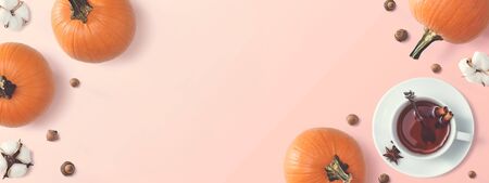 Black tea with pumpkins and cinnamon sticks - overhead viewの写真素材