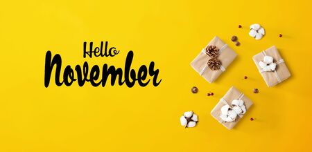 Hello November message with gift boxes with cottons and pine cones