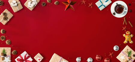 Christmas gift boxes with ornaments - flat layの写真素材