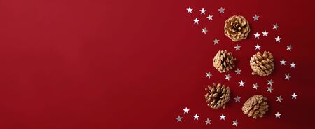 Christmas pinecones with star confetti - flat lay