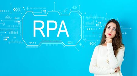 Robotic process automation concept with young woman in a thoughtful faceの写真素材