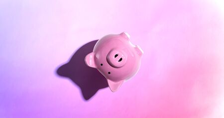 Upside down piggy bank - overhead view flat layの写真素材