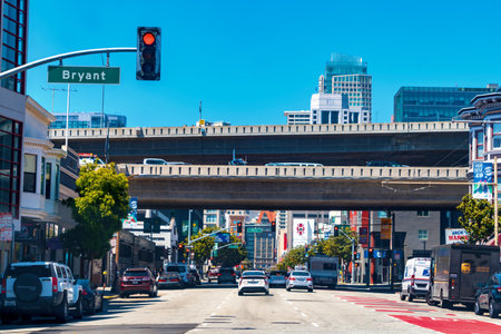 SAN FRANCISCO- MAY 1st 2019: Traffic travels along the street in downtown San Francisco, CAのeditorial素材