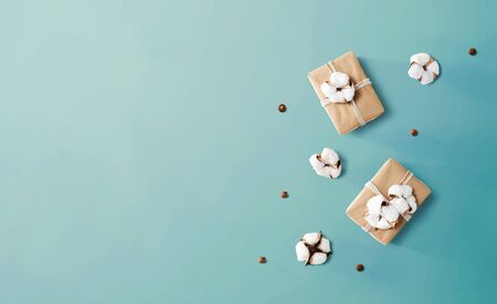 Gift boxes with autumn theme - overhead view flat layの写真素材