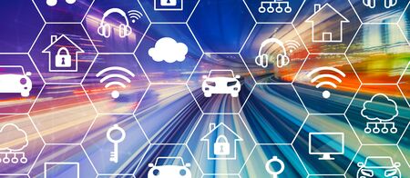 IoT theme with abstract high speed technology POV motion blurの写真素材