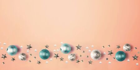 Christmas bauble ornaments - overhead view flat layの写真素材