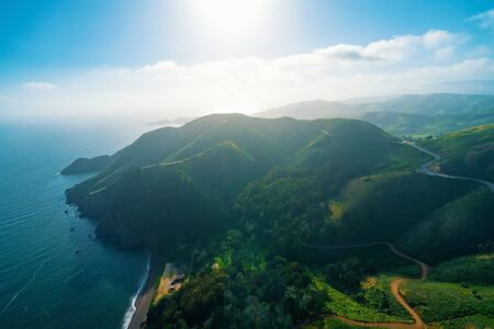Aerial view of Marin Headlands and Golden Gate bay at sunsetの写真素材