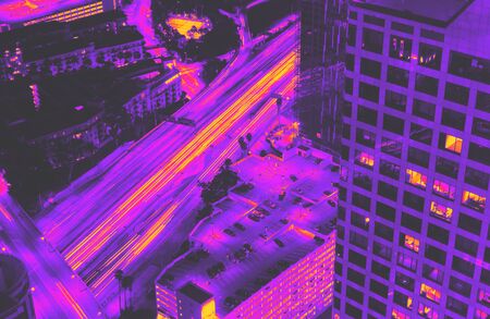 Aerial view of the expressway going through Downtown Los Angeles, CA synth wave styleの写真素材