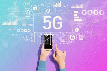 5G network with person using a white smartphoneの写真素材