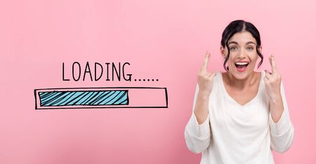 Loading concept with happy young woman wishing for good luck