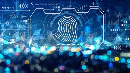 Fingerprint scanning theme with blurred city lights at night