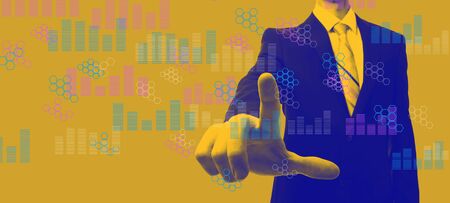 Digital graphs and hexagon grids with businessman in a yellow and blue duotone
