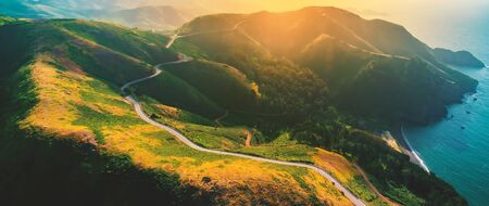 Aerial view of Marin Headlands and Golden Gate bay at sunsetの写真素材