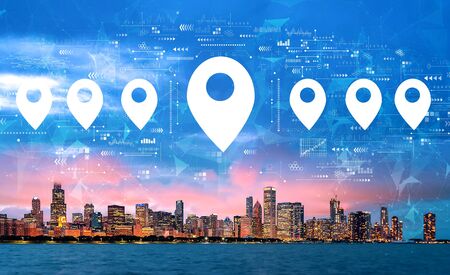 Map pin concept with downtown Chicago cityscape skyline with Lake Michigan