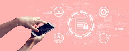 Data protection concept with person holding a white smartphone