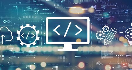 Web development concept with blurred city abstract lights backgroundの写真素材