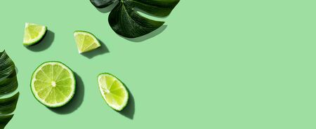 Fresh green limes overhead view - flat layの写真素材