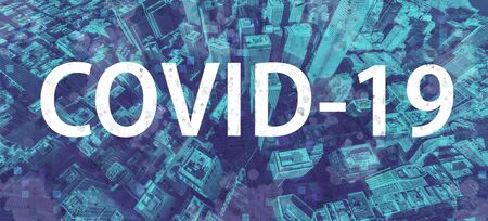 COVID-19 theme with blue aerial cityscape background