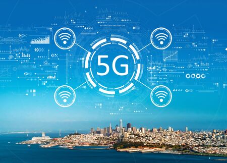 5G network with aerial view of the bay in San Franciscoの写真素材