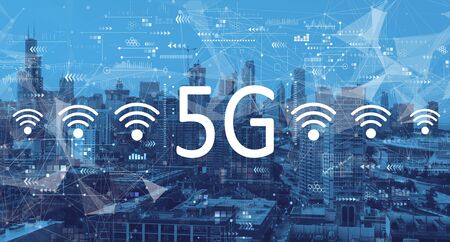 5G network with downtown Chicago cityscape skyscrapersの写真素材