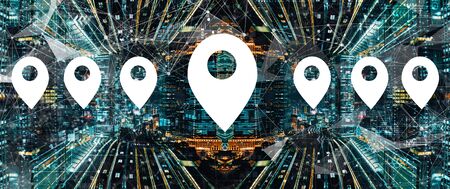 Map pin concept with abstract Tokyo night cityscape