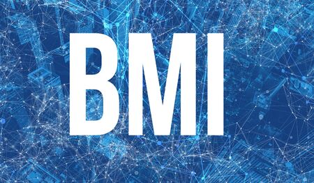 Brain-Machine-Interface BMI theme with abstract network patterns and skyscrapersの写真素材