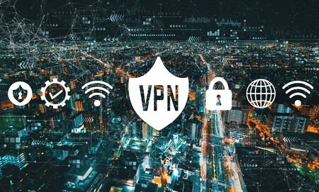 VPN concept with aerial cityscape view of Japan at nightの写真素材