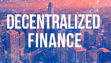 Decentralized Finance Defi theme with abstract network patterns and downtown San Francisco skyscrapersの写真素材